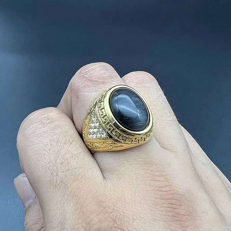 Masculine Green Jade Emerald Black Agate Gemstones Titanium Rings for Men Stainless Steel Big Solid Finger Bands Vintage Jewelry - view 5
