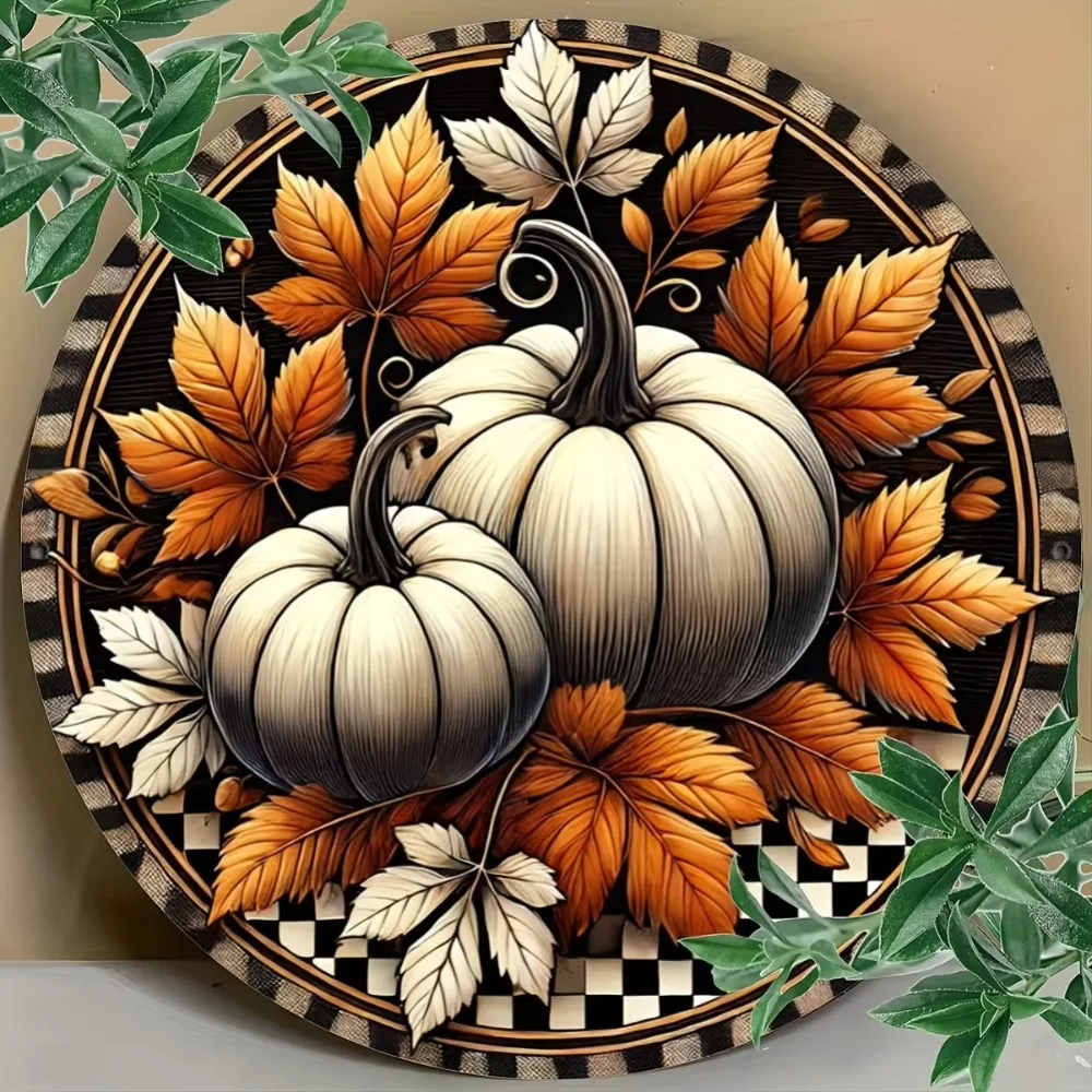 Nostalgischer Harvest Charm: Vintage Autumn Pumpkin Distressed Blechschild – Weiße und orangefarbene Kürbisse auf schwarz-weißem Schachbrettmuster