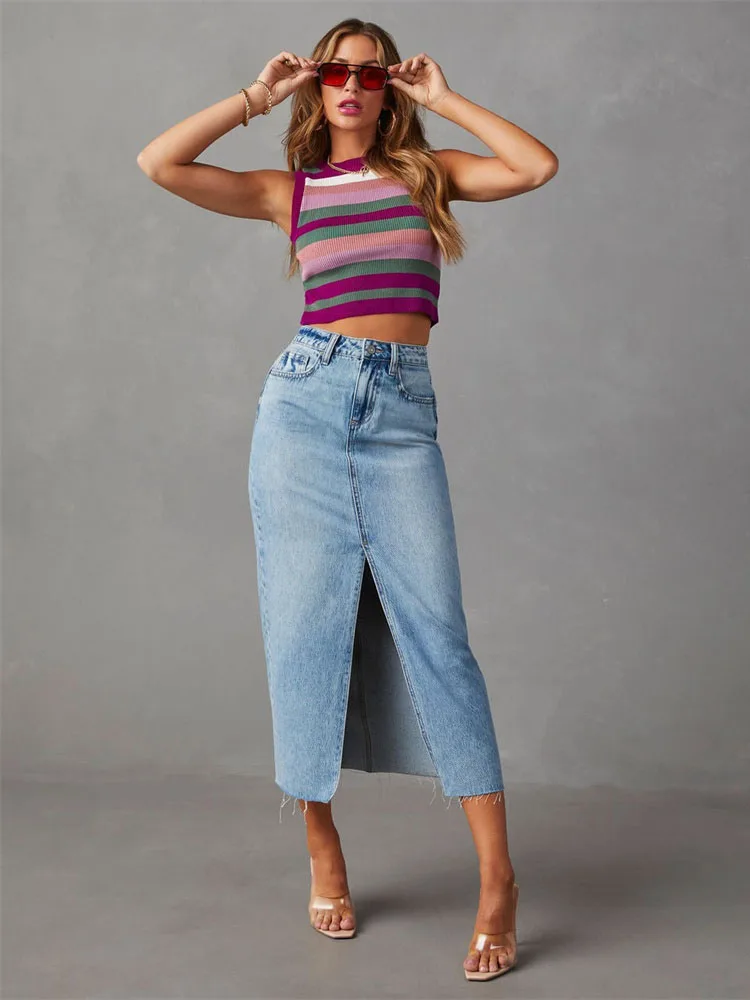 2024 Women Denim Skirts Sexy Split Jean Sheath Skirts Retro Do-old Streetwear Female Large Size Long A-line Skirts Spring Summer