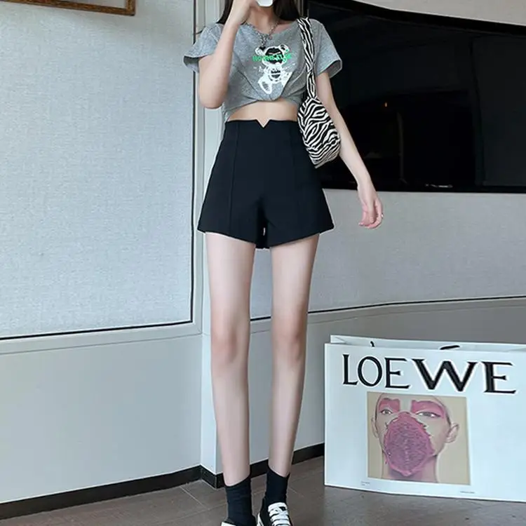 

High Waist Black Suit Shorts Women's 2025 New Summer Shorts Internet Celebrity A Word Wide Leg Hot Pants Casual Pants