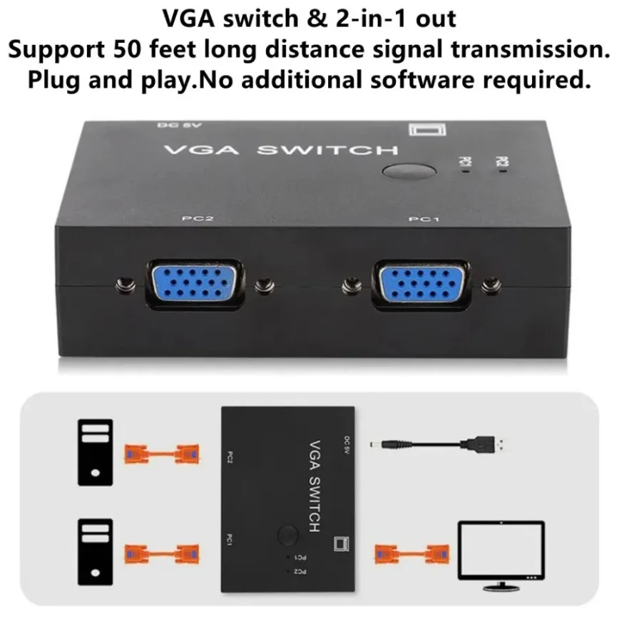VGA Switcher 2 In 1 Out VGA Switch Box 2 PC to 1 Monitor Support VGA/XVGA/SVGA/UXGA/Multi-sync Display VGA Adapter for PC Laptop