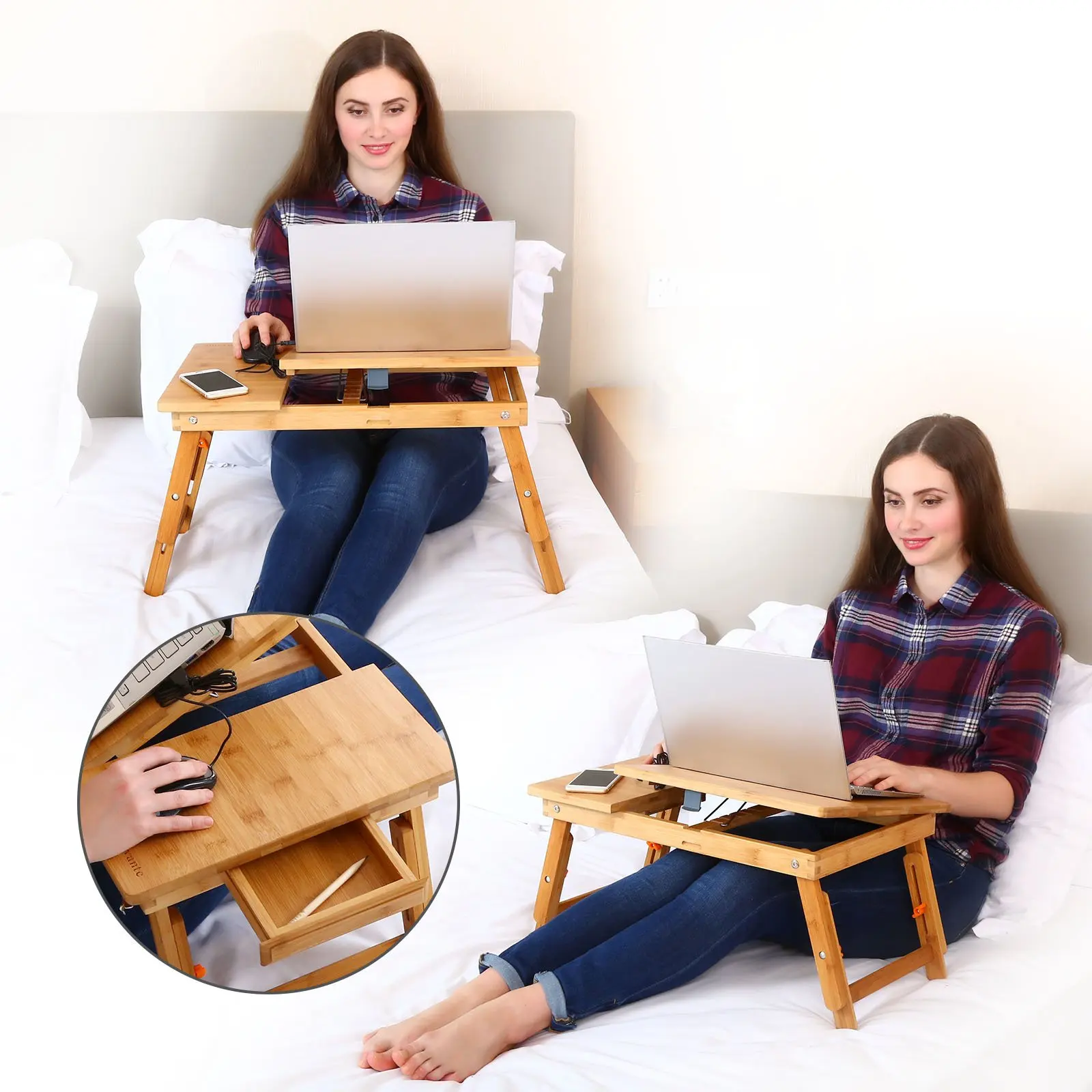 Adjustable Laptop Desk, 100% Bamboo, Foldable, Breakfast Serving Bed Tray, Bed Desk, Tilting Top Drawer