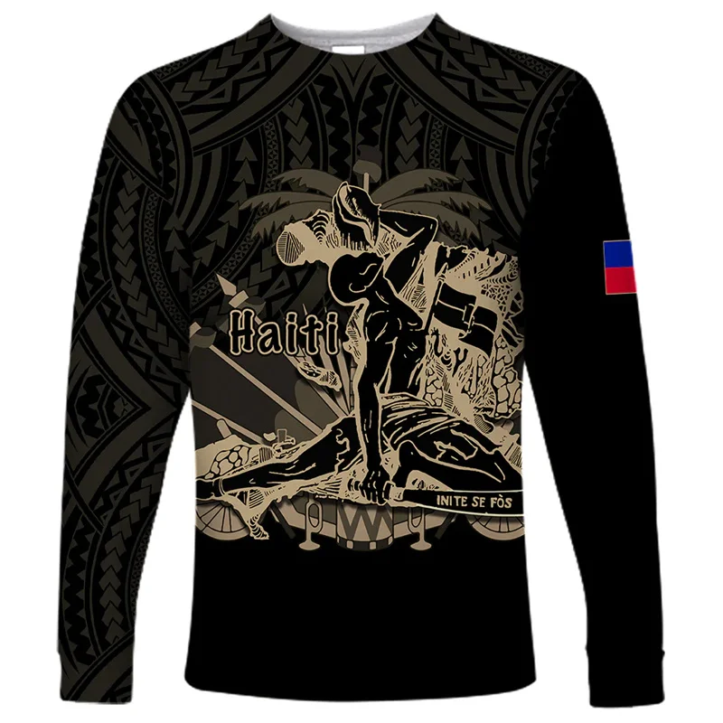 3D Printed Haiti Flag Coat Of Arms Men T Shirts Negre Marron Women Long Sleeve Tshirts Tops Kid Round Tee Shirt Men Clothes