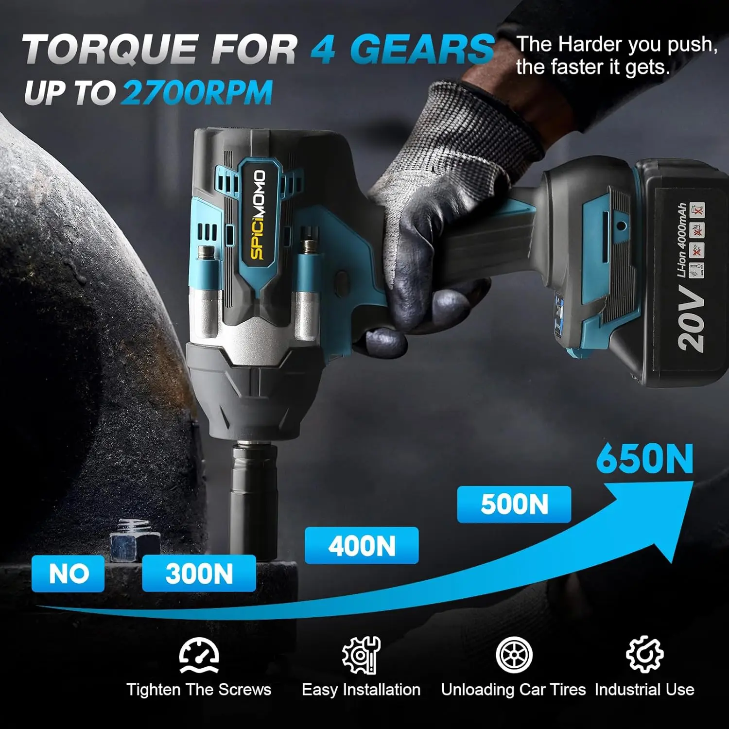 Cordless Impact Wrench 1/2 Inch for Car, 20V Brushless Power Impact Gun 600N.m(443Ft-lbs) with 2 Packs 4.0Ah Batteries, High Tor