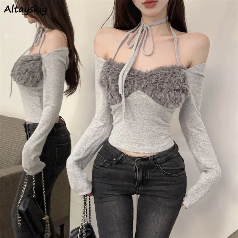 Long Sleeve T-shirts Women Slim Sexy Halter Patchwork Basic Hot Autumn Winter Tops Chic Defined Waist All-match Female Stretchy