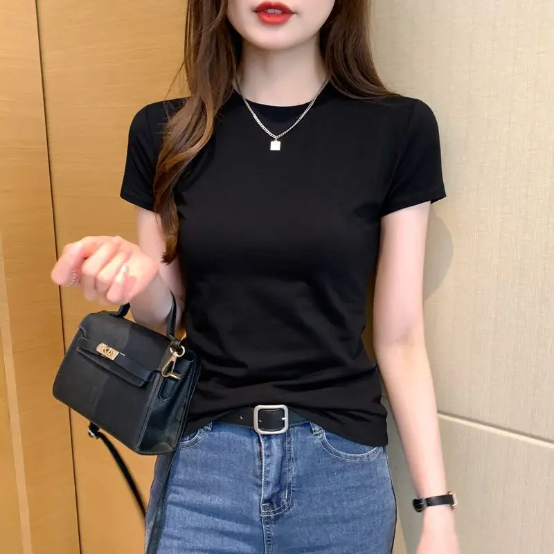 Simple Fashion Casual Summer New T-Shirts Women Solid Color Round Neck Screw Thread Casual Versatile Short Sleeve Slim Tops