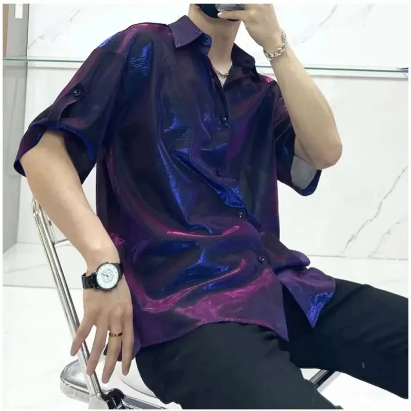 2024 Chao Pai Handsome Square Collar Short Sleeveliquid State Men\'s Summer Ice Silk Korean Version Senior Punk All-match Shirt