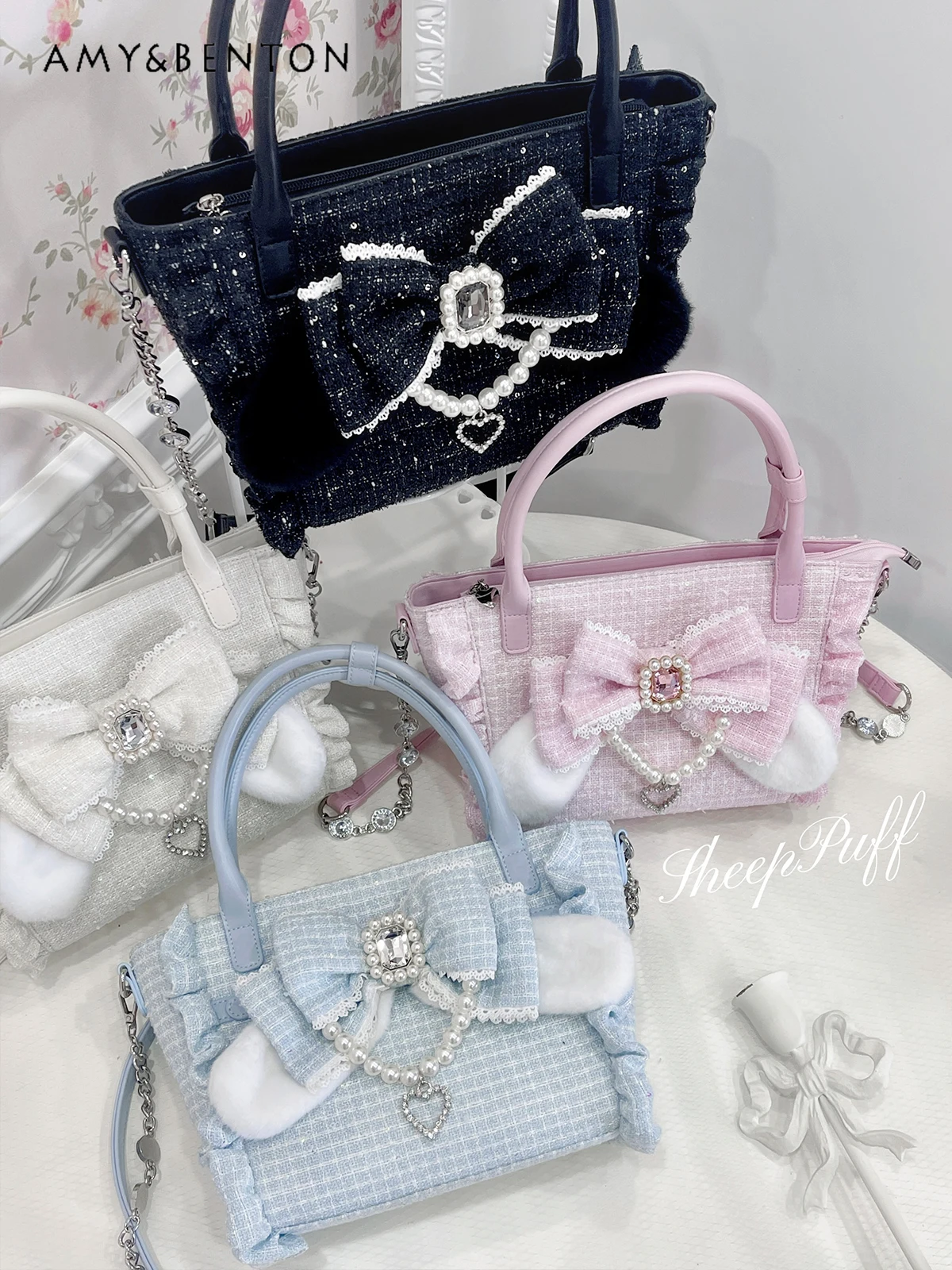Sweet Cute Handbag Original Mine Series Mass-Produced Japanese Bow Beaded Plush Handbag Versatile Kawaii Woolen Crossbody Bag