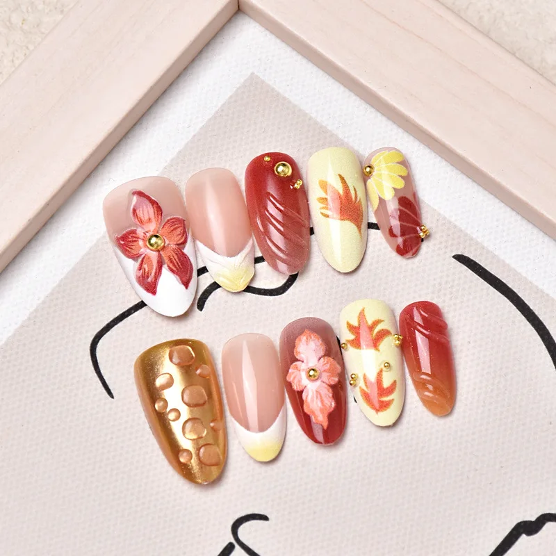 

24PCS Luxury 3D Gilt Flower False Nails Almond Shape Brown Maple Leaf Painted Press on Nails Sweet Cool French Design Manicure