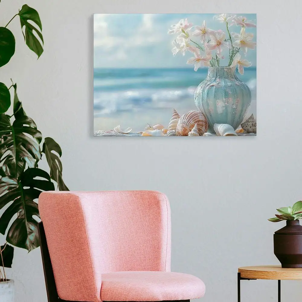 1PC Coastal Happiness Canvas - Strandscène met bloemen, zeester en schelpen voor woonkamer- en slaapkamerwanddecoratie