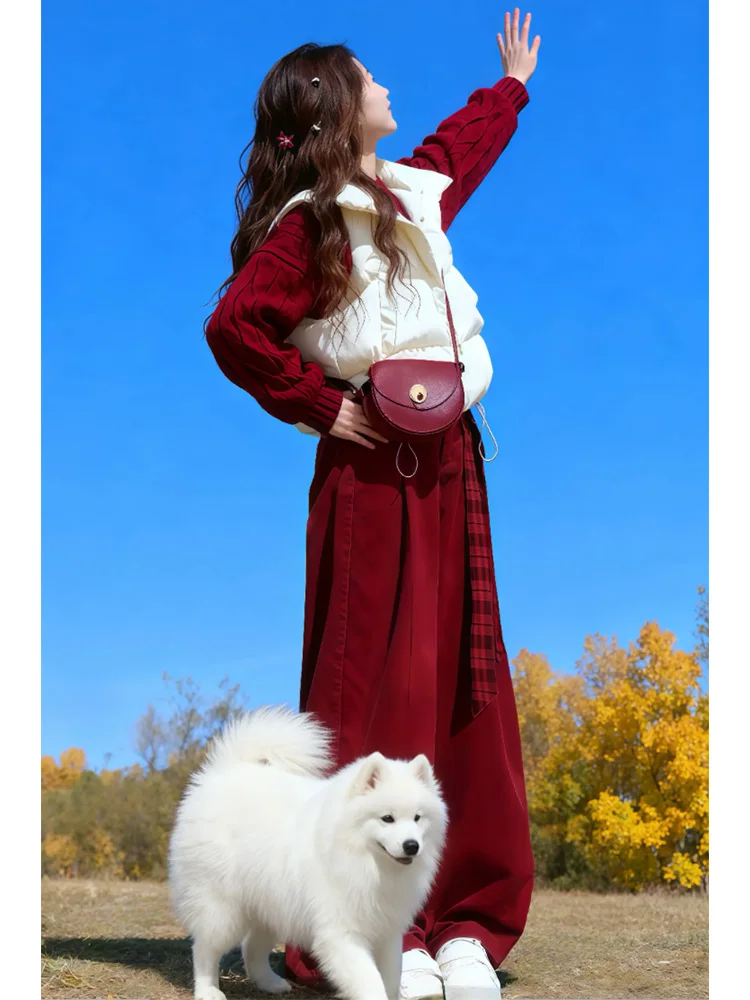 

Faionable Winter Tee-Piece Set Women's College Sle Cotton Vest Knitted Top Wide Leg Pants Casual Loose Fit High Waist