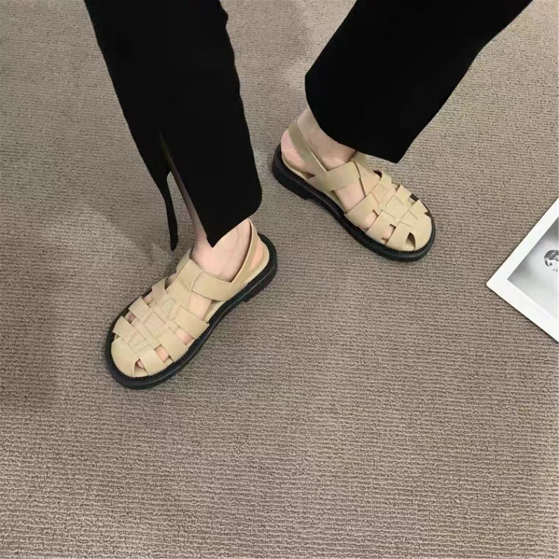 Hollow Woven Sandals Women Summer New Casual Flat Bottom Roman Solid Colour Shoes Lightweight Casual Round Head Slippers