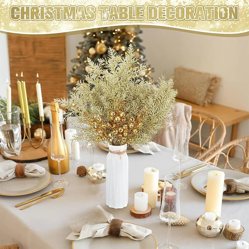 8/16Pcs Glitter Berry Stem Pine Needles Christmas Decoration Artificial Flowers Branches Xmas Tree Decor DIY Accessory Supplies