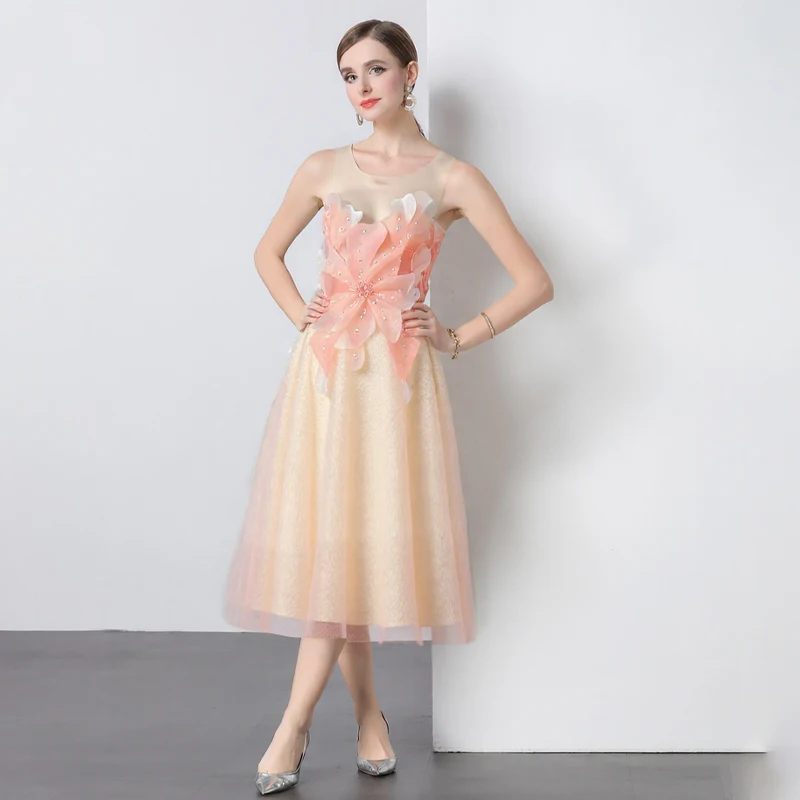 

3D Flower Mesh Dress Women Hot Stamping Splicing Perspective Vintage Dresses for Women 2025 Summer Pink Birthday Dress for Women