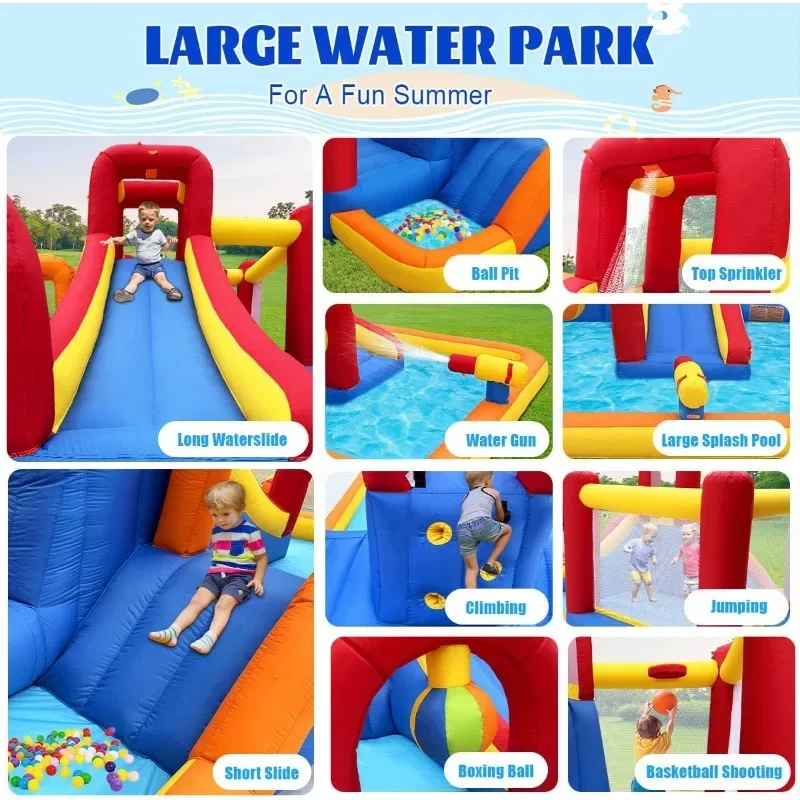 10 in 1 Water Park Bounce House with Blower, Splash Pool, 2 Slides, Cannon, Climbing Wall, Blow up patio furniture