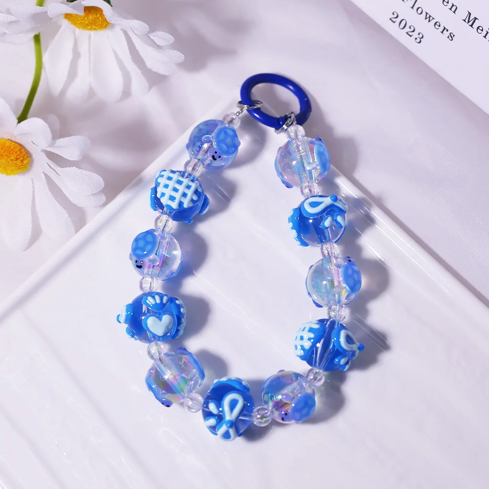 Hot selling nieuwe kristalblauwe schildpad gecombineerd met klassieke Qianniao grid-serie acryl handgeschilderde kralen DIY sleutelhanger