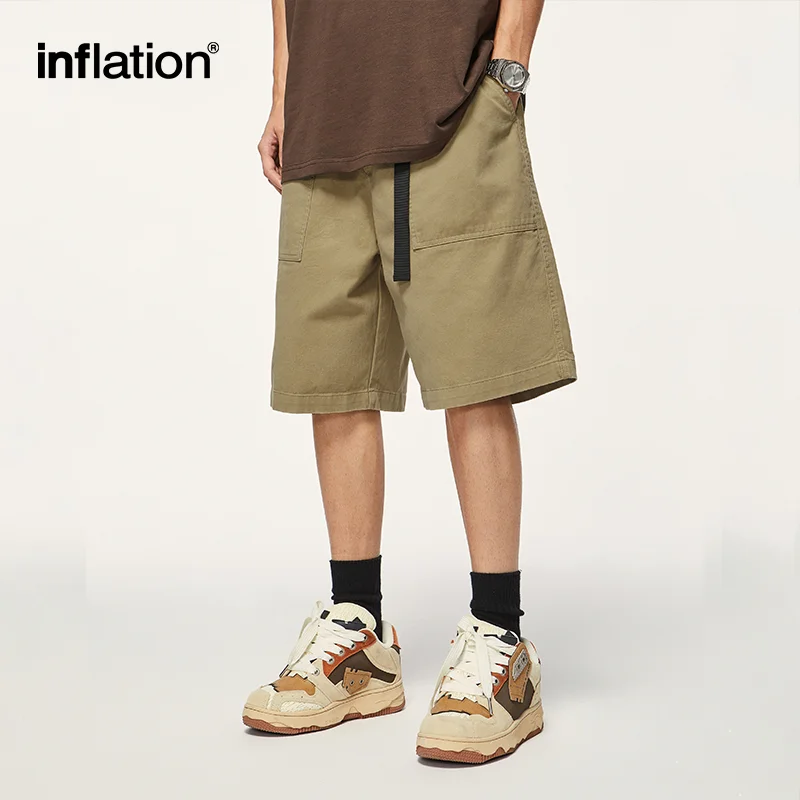 ININFLATION Solid Color Straight Leg Shorts Unisex Harajuku Loose Fit Cargo Shorts with Belt