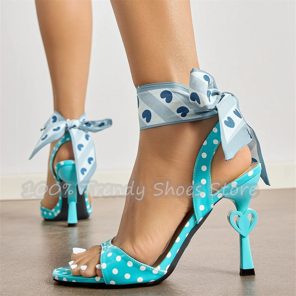 Polka Dot Bowknot Ankle Cross Strap Mules Women Open Toe Heart Decor Stiletto High Heel Sandals Wedding Club Party Dress Shoes - view 2