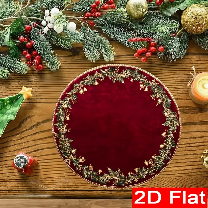 VIKAMA Round Christmas Placemats Red Velvet Holly Linen Mats Non-Slip Wipe Clean for Farmhouse Xmas Dining Table Decor