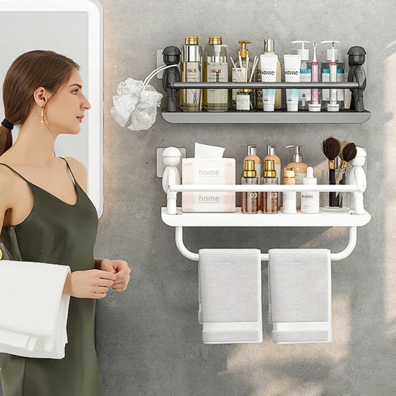 

Hot Sale Bathroom Storage, Simple No Punching Rack, Multifunctional Toiletries Organizer, Wall Mounted Towel Rod 112