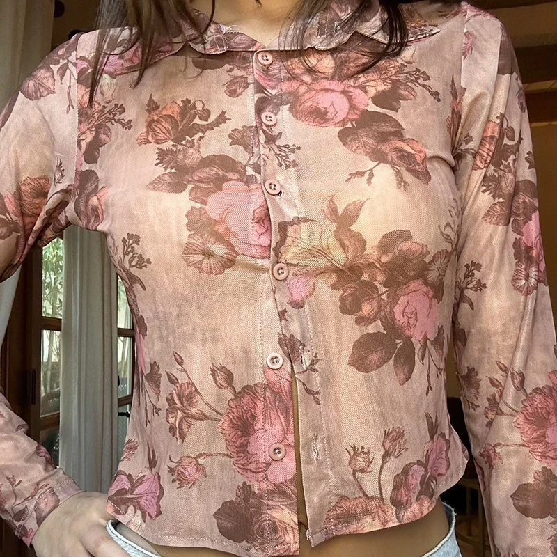 IAMHOTTY Vintage Flower Print Mesh Shirt Women's Autumn Spring Turn-down Collar Tops Coquette Button-up Long Sleeve Blouses Y2K