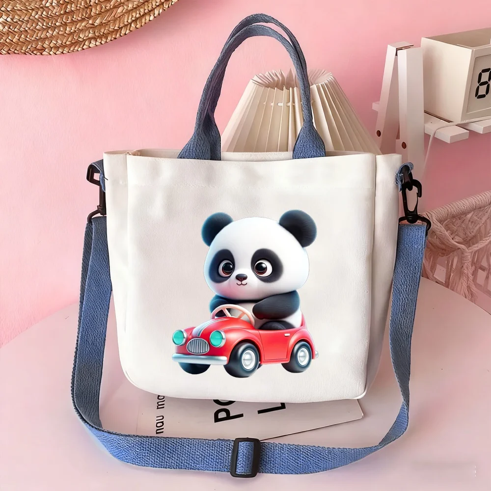Handbags and crossbody bags featuring a panda motif, and cosmetic pouches for travel organization.