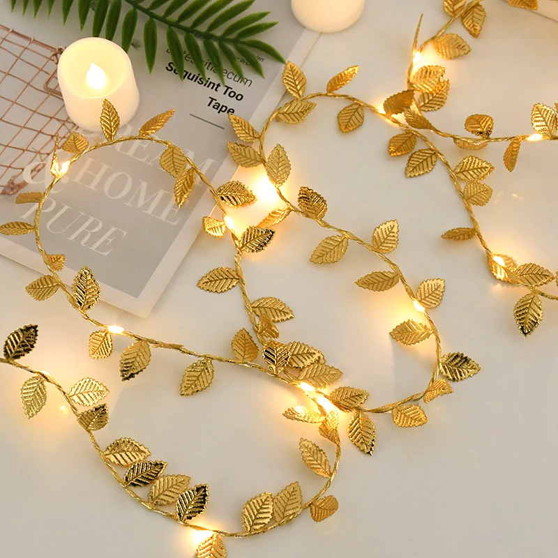 2M 20LED Golden Tiny Leaves Fairy Light Battery Powered String Lights For Wedding Home Party Table Decorations