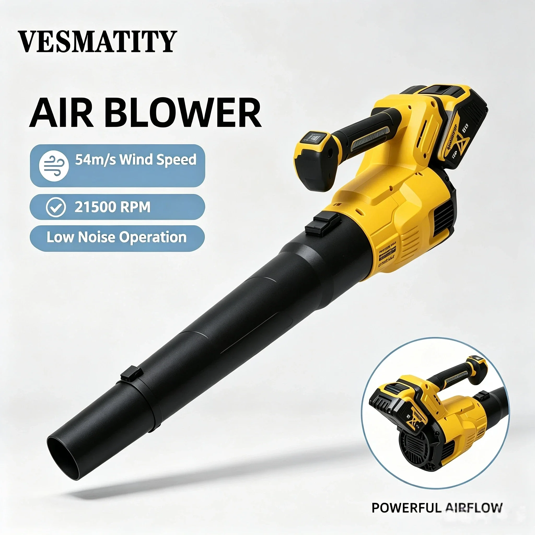 Vesmatity High Speed Brushless Air Blower 3 Gears Power Cordless Electric Leaf Snow Duster Blowing Tool 18V Battery Max