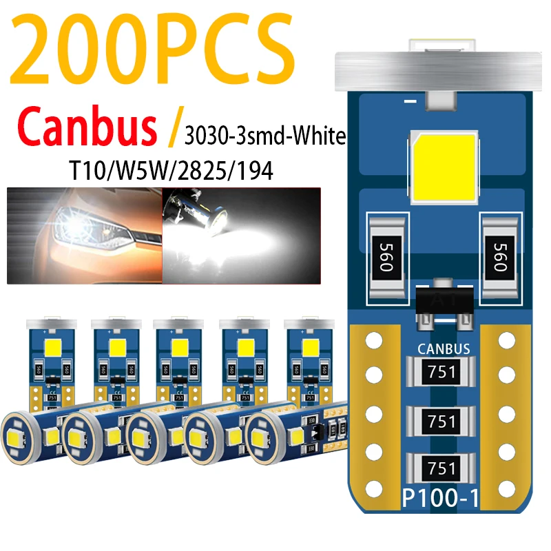 

200Pcs W5W T10 168 LED Canbus No Error Car Interior Reading Dome Light 194 Auto Clearance Bulb White Trunk Lamps DC12V