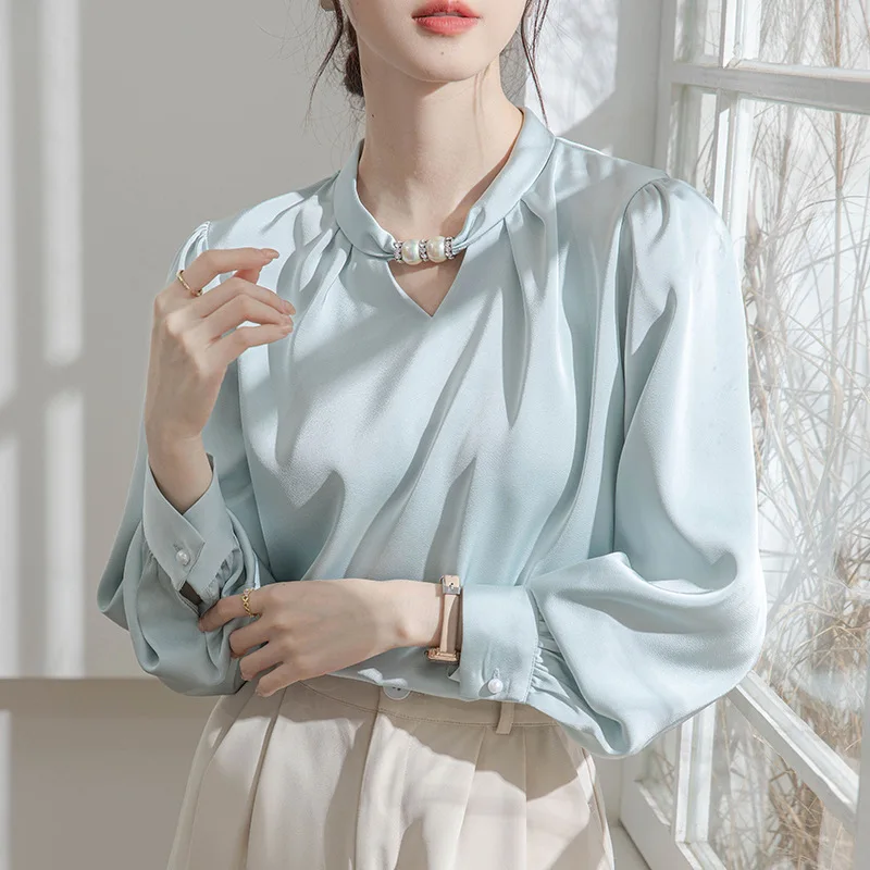 Loose Fit Chiffon Blouse for Women, French Collar Beaded Shirt, Spring/Summer 2024 New Arrival Office Lady Tops