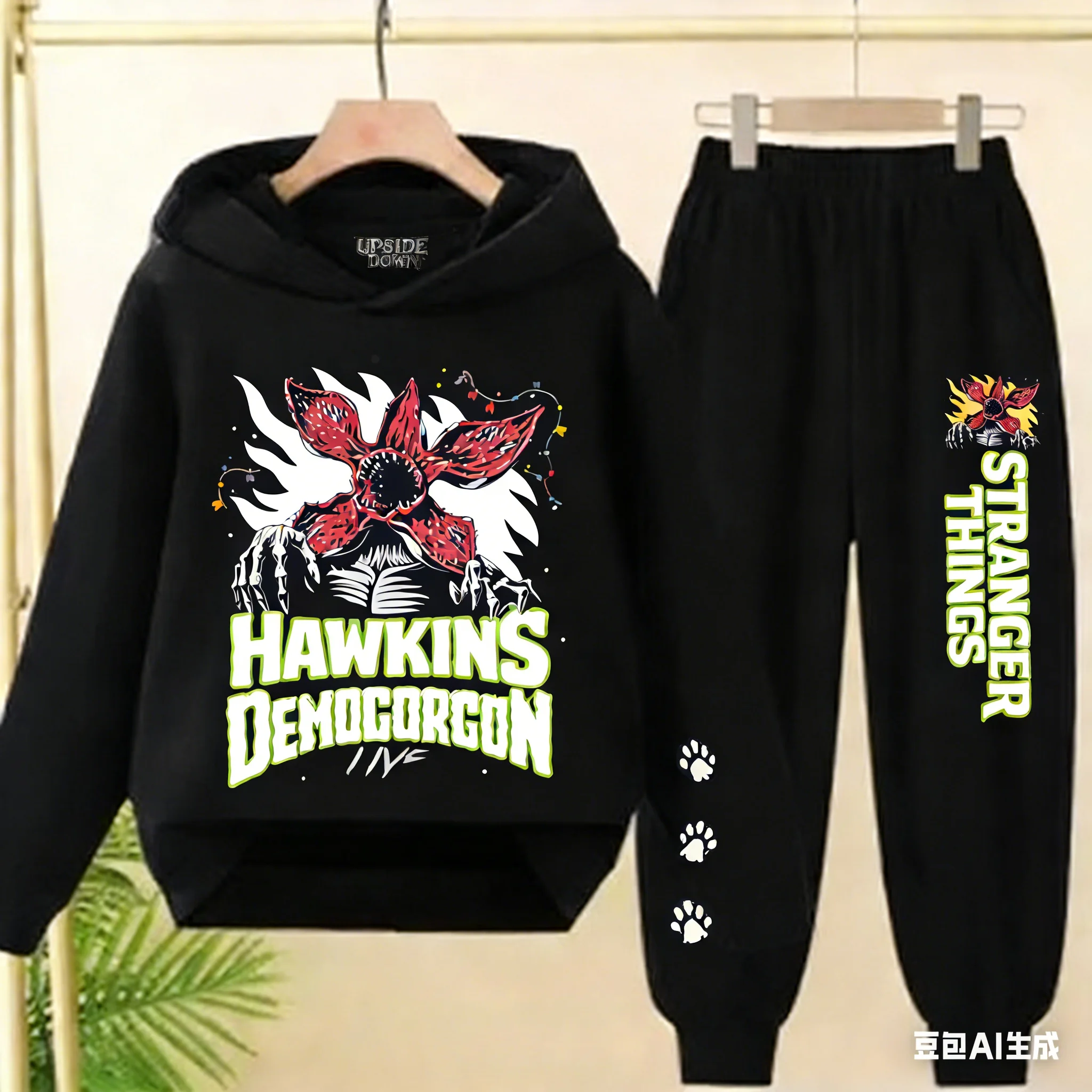 Conjunto de Moletom Casual para Crianças de 3 a 12 Anos, Estampa Demogorgon de Stranger Things, Estilo Esportivo e Lazer