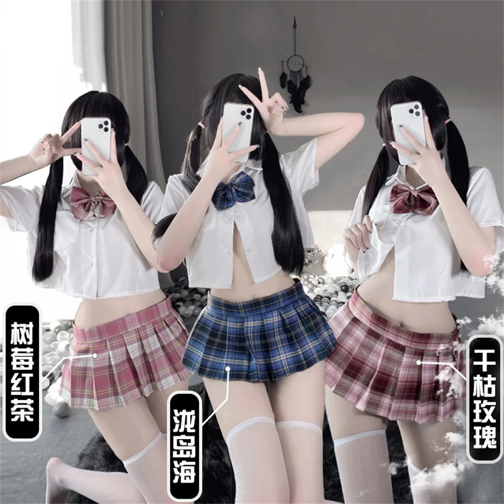 

2023 New Sexy Pure Student JK Uniform Temptation School Cosplay Erotic See-through Bowknot T-Shirt Pleated Skirt Lingerie Set