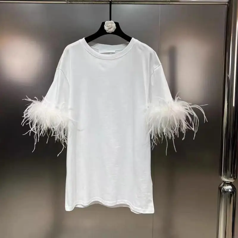 

Getspring Women T Shirt Feathers Patchwork Cotton Black White T Shirt Tops Short Sleeves Loose Casual Summer T-shirt Tops 2024