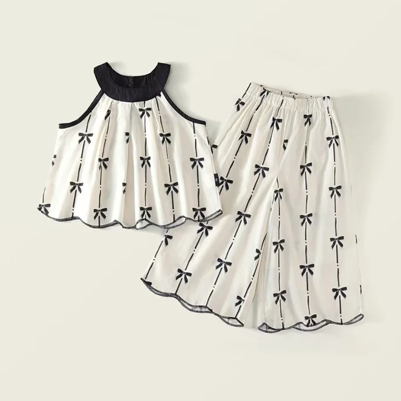 

Girl's Pure Cotton Printed Set 2025 Summer New Style Suspenders Children's Hanging Strape Tops Wide Leg Pants Two Piece Set