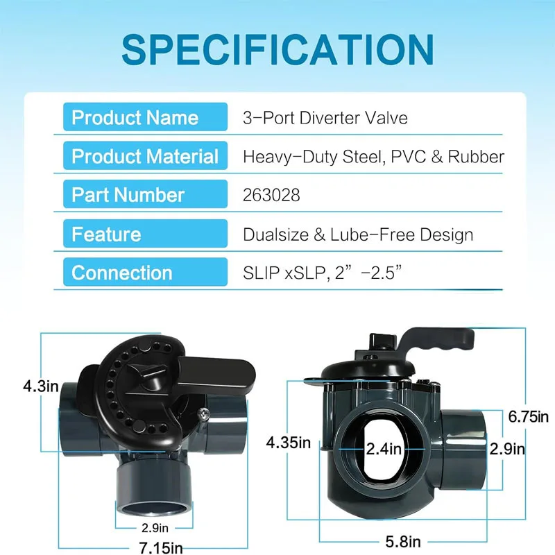 Three Port Diverter Valve Engineered to Work with For Pentair Equipment and Match Typical 2 Inch to 2-1/2 Inch Pipe Specs