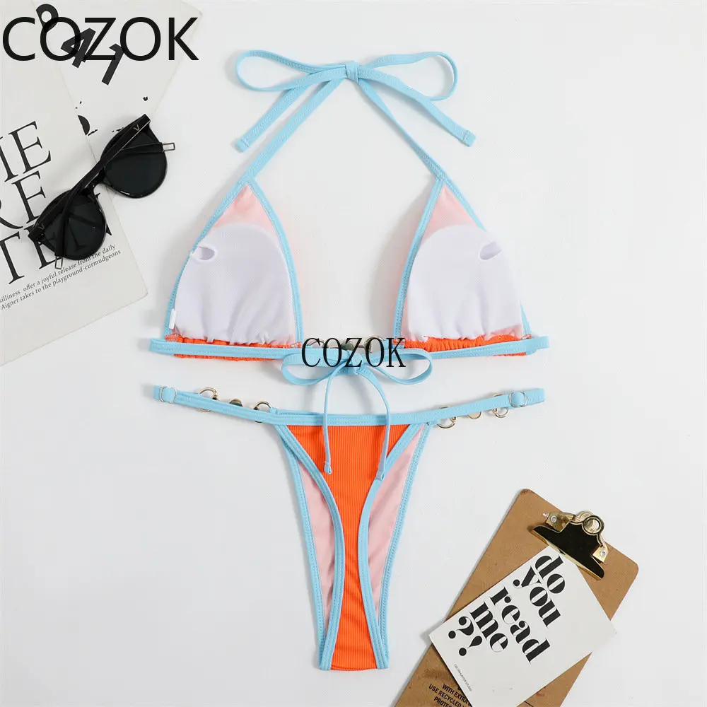 Metal Chain Bikini Set Women 2023 Swimwear Push Up Halter Tie-up Bra+Triangle Thong Two-Piece Bathing Suit Brazilian Biquinis