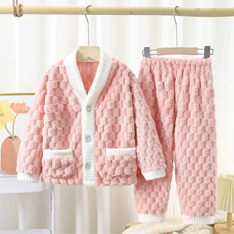 Thickened Warm Children Sleepwear Winter Flannel Long Sleeves Long Trousers Solid Cardigan Home Wear Padded Kids Plaid Pyjamas