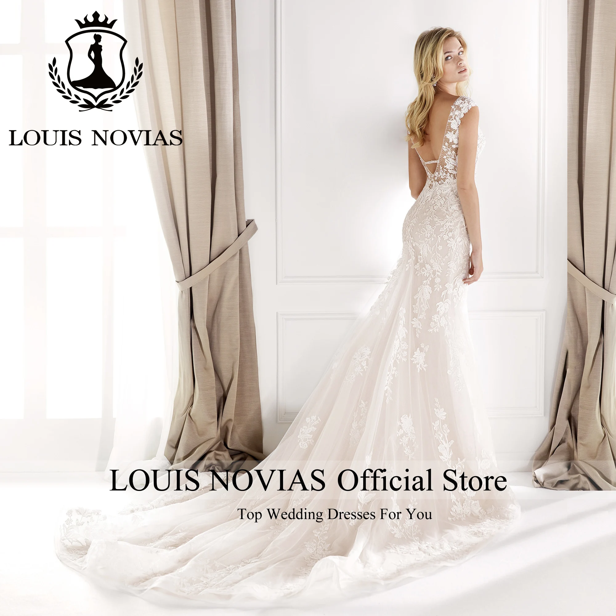 LOUIS NOVIAS ชุดเดรสเมอร์เมดสําหรับผู้หญิงเซ็กซี่เจ้าสาวแขนสั้น SCOOP Appliques ชุดแต่งงานเปลือย Vestidos De Novia