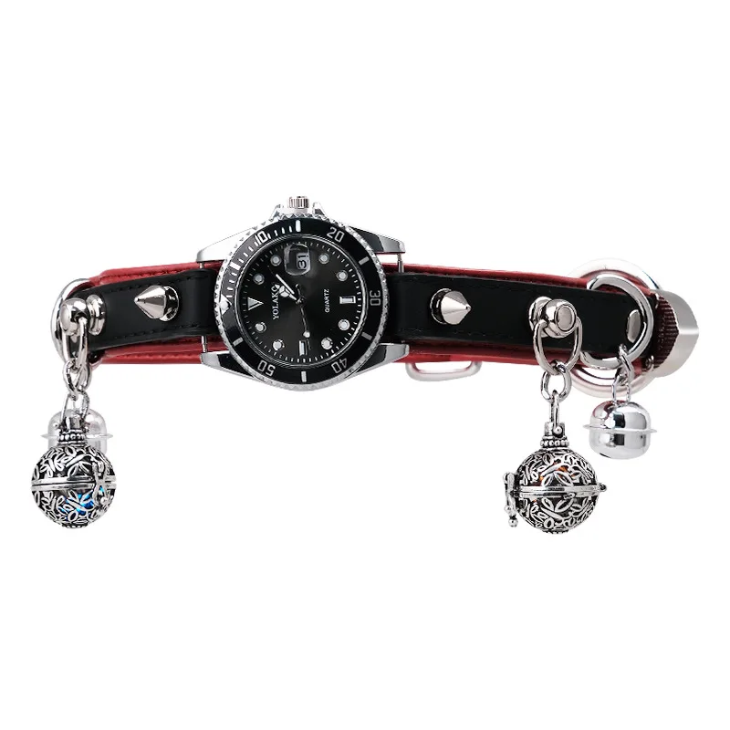 

Adult Games Gothic Punk Watch Choker Necklace, Red & Black Faux Leather Collar with Silver Spikes & Hollow Ball Bells