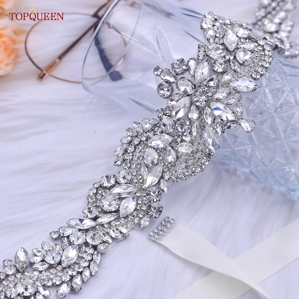 TOPQUEEN – ceinture de mariée de luxe S60, Style vague, avec strass, pour robes de soirée pour femmes, accessoires de décoration pour mariage