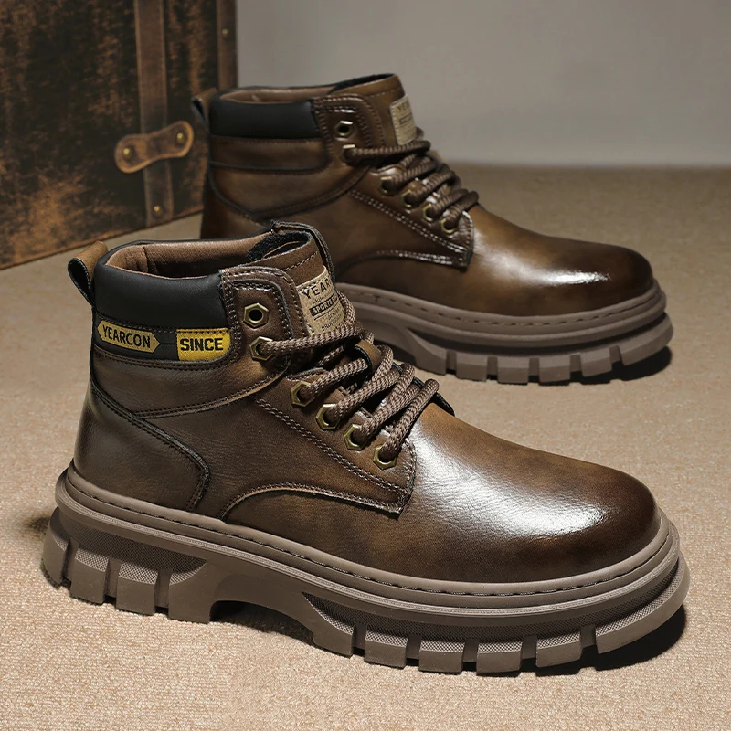 

Top Quality Vintage Leather Men's Snow Boots Fashion Leather Man Ankle Boots Lace Up Outdoor Motorcycle Boots Walk Shoes