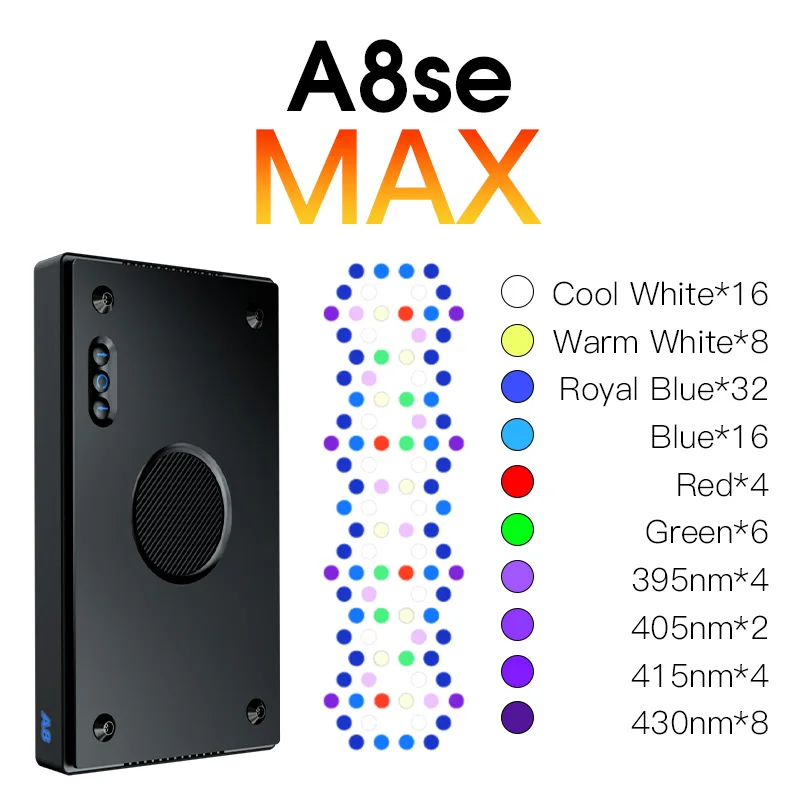 A8SE II Max and Blue 240W Smart Full Spectrum WiFi APP Programmable Saltwater Aquarium Coral Reef LED Light