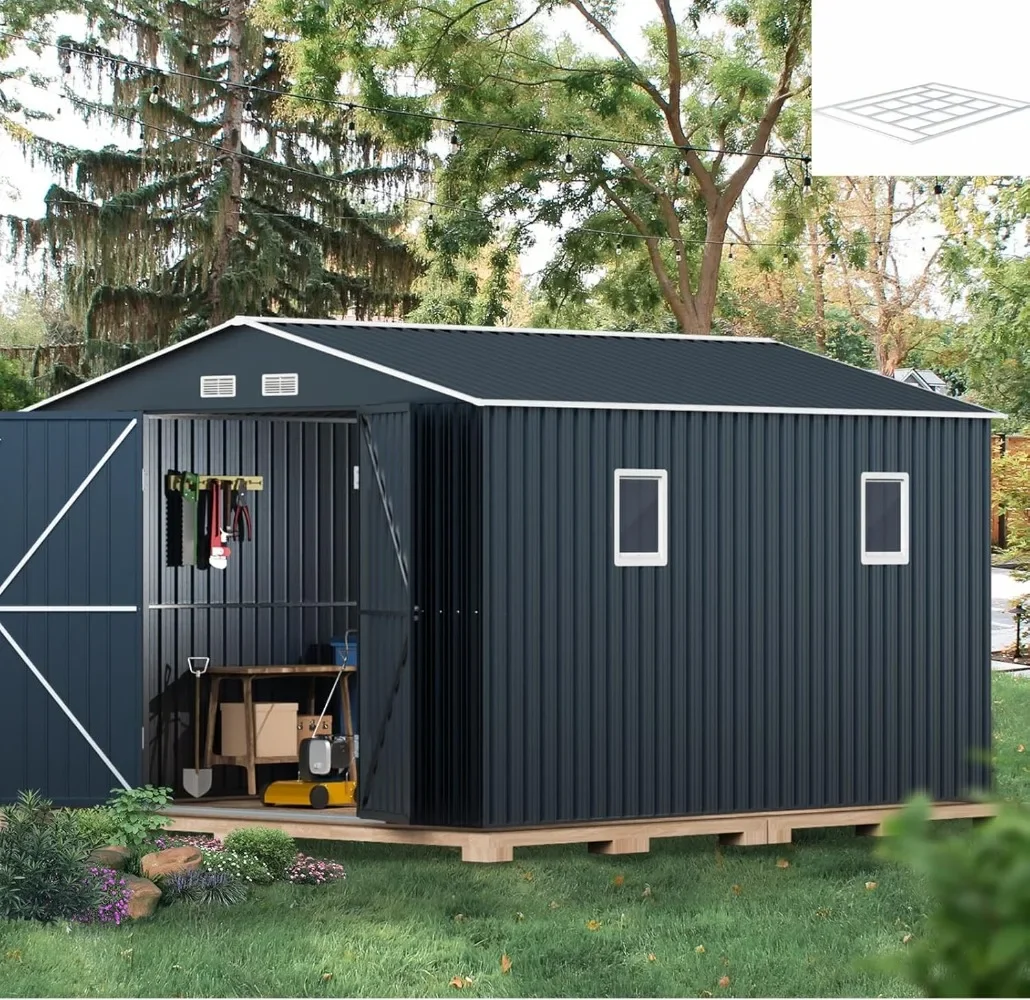 

10X12X7.5 FT Outdoor Steel Storage Shed with Lockable Doors, 2 Windows, Transparent Roof Panels, Metal Frame Floor