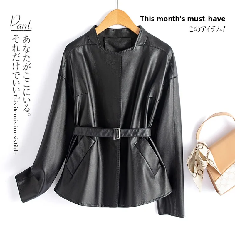 

Spring 2025 Women's Motorcycle Sle Slim Fit Leather Jaet Ha Ning Stand Collar Waist Belt Large Size Commute Faion