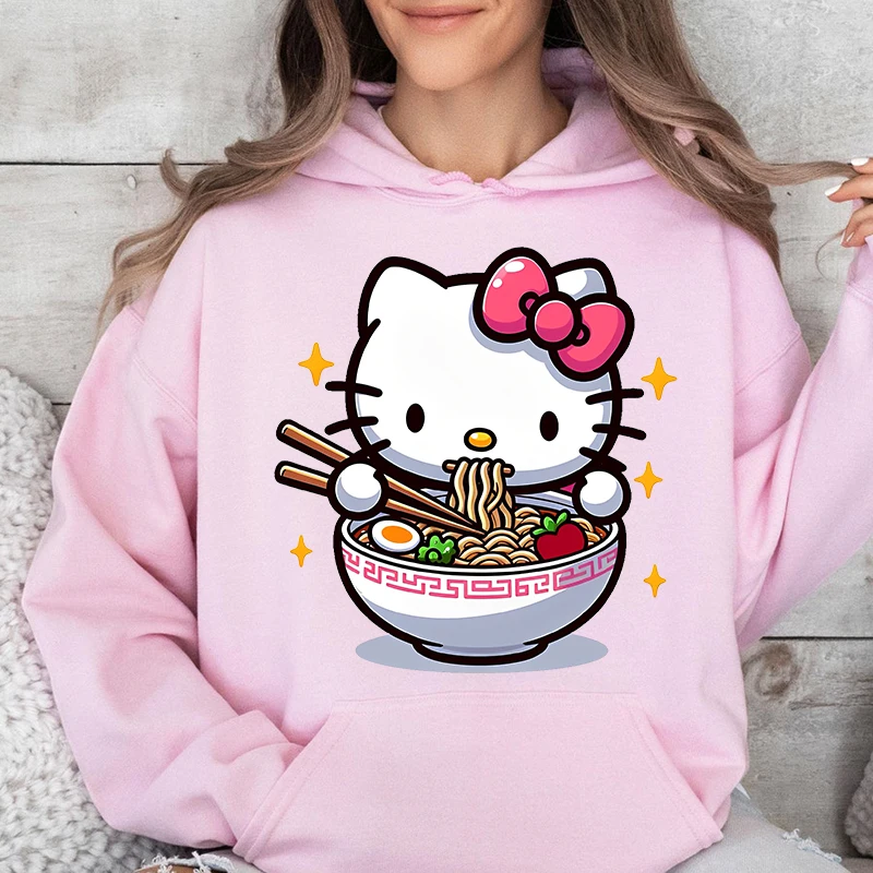 Hello Kitty eating noodles women's hoodie autumn and winter sweatshirt casual tops loose women's clothing