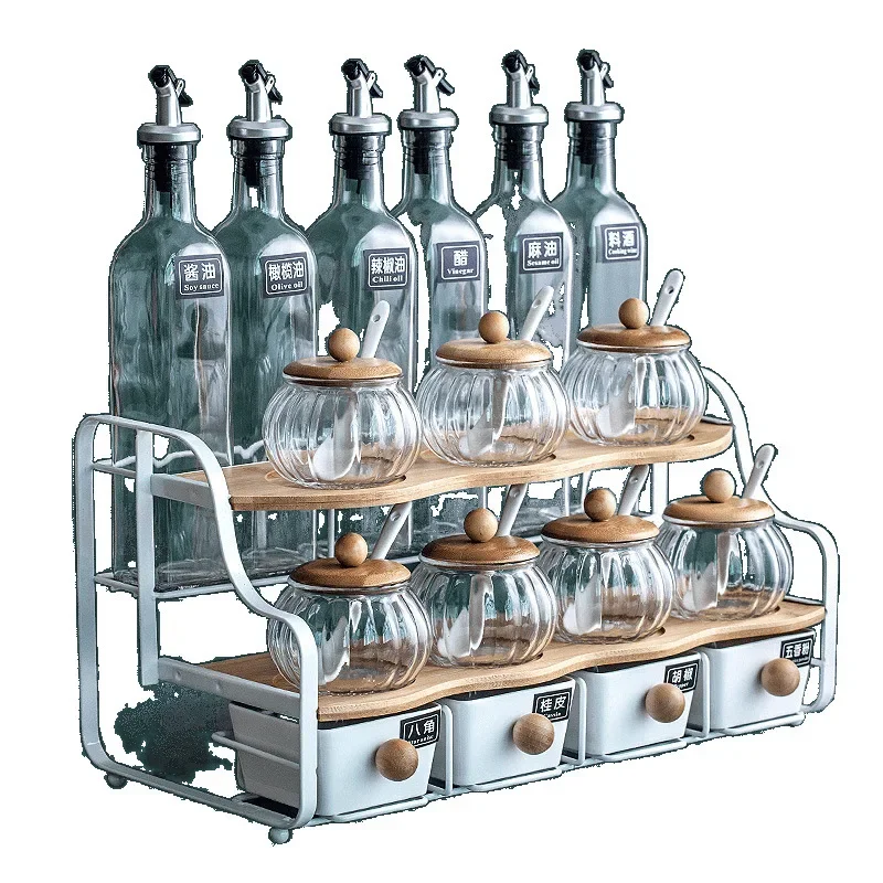 

Nordic style seasoning box set, household ceramic oil bottle pot salt tank glass kitchen supplies rack