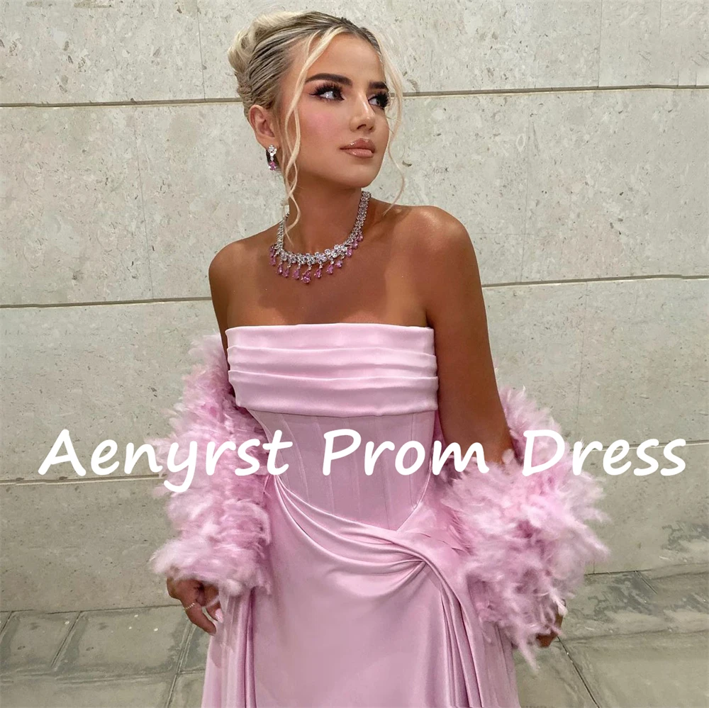 Aenyrst Pink Strapless A Line Saudi Arabia Evening Dresses Detachable Feathers Cape Prom Dress Floor Length Formal Party Gowns