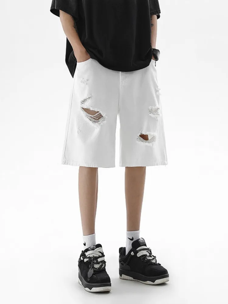 

Ripped Denim orts Men Summer Thin Loose Straight American Retro Waed Jeans orts Youth Wear Tear Wear Resistant Cotton 00