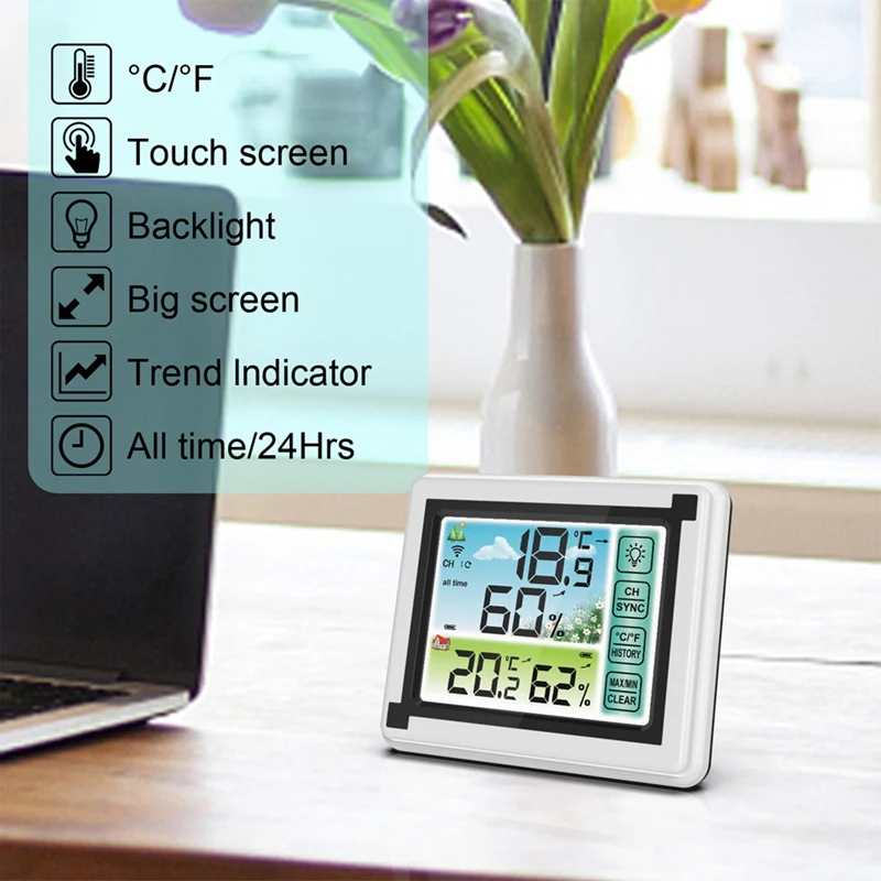 Touch Screen Weather Station With Wireless Sensor Alarm Clock, Thermometer, Hygrometer, Sunrise And Sunset Times