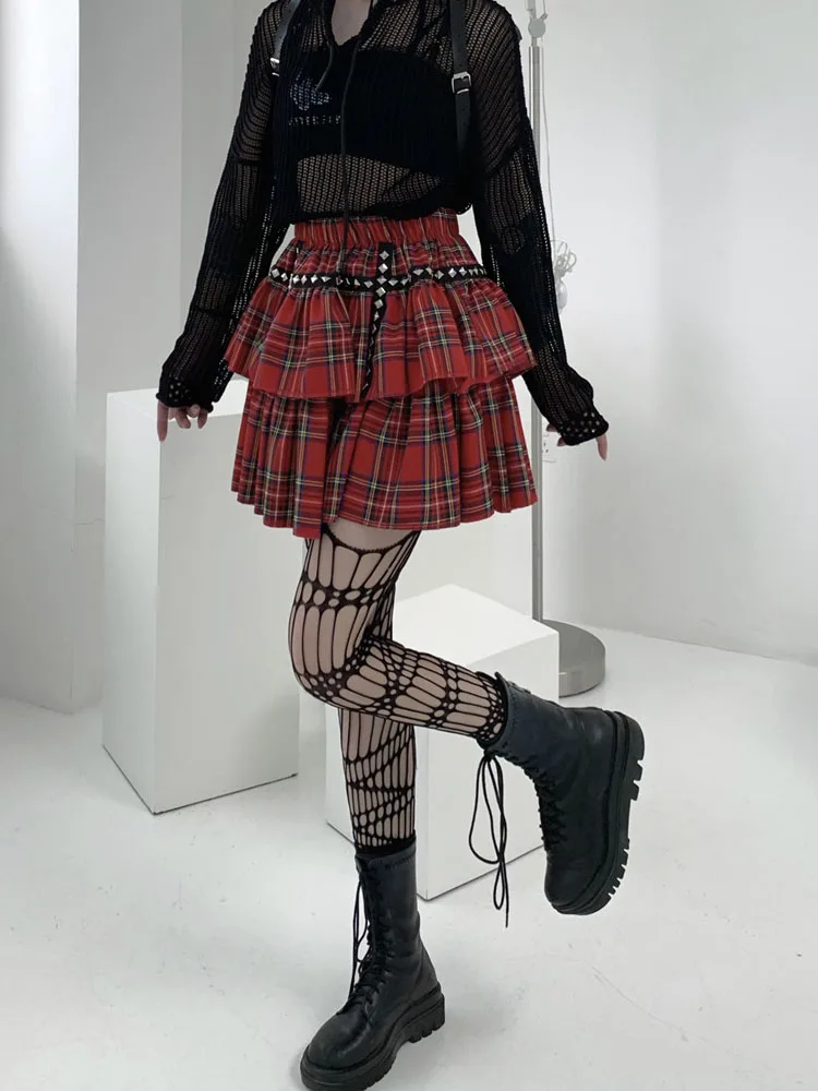 SONNEESD Personality High Waist Rivet Design Vintage Campus Babes Pleated Skirt Streetwear Harajuku Diablo Plaid JK Mini Skirt